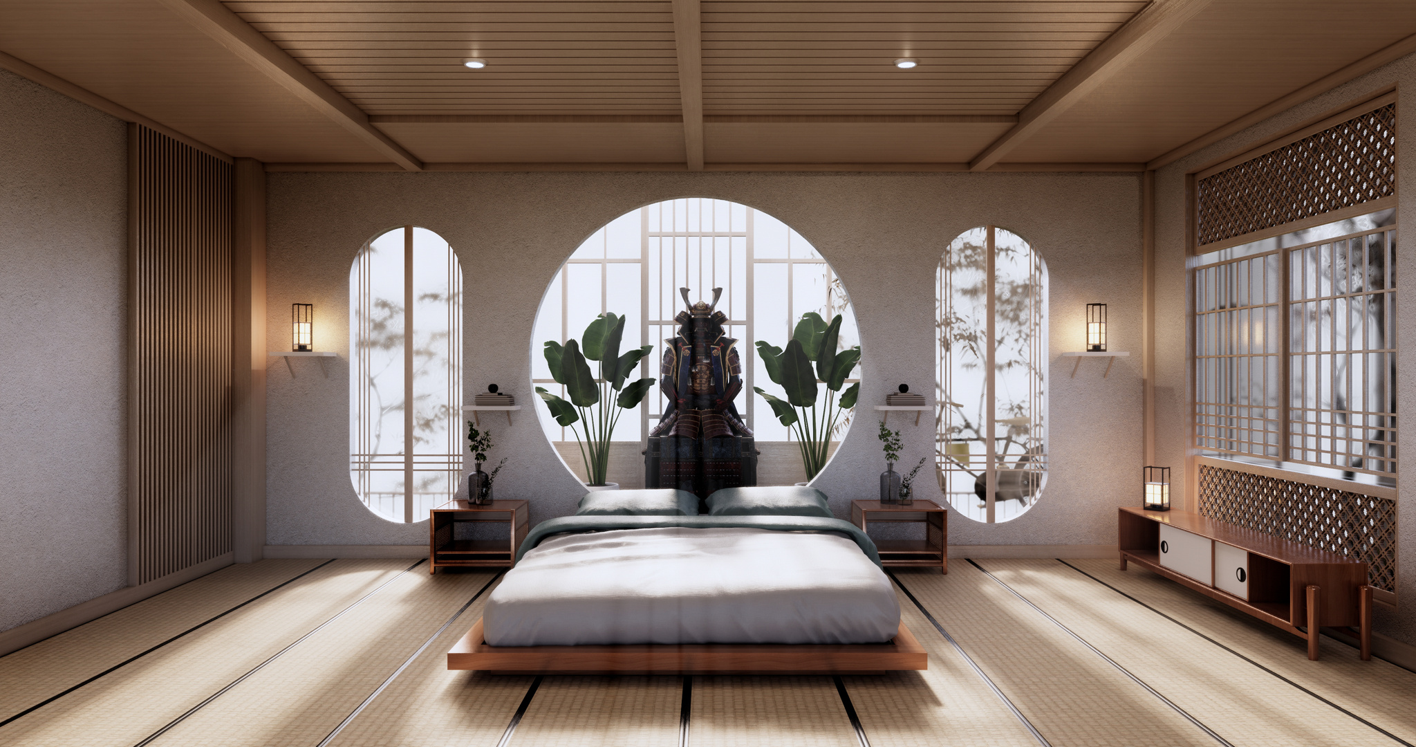 Interior Luxury Modern Japanese Style Bedroom Mock up, Designing